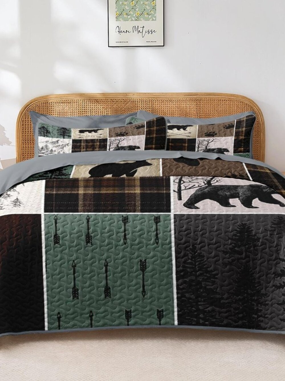 Queen Quilt Set, 7 Pieces Bear Woodland Bedding, Bedspread